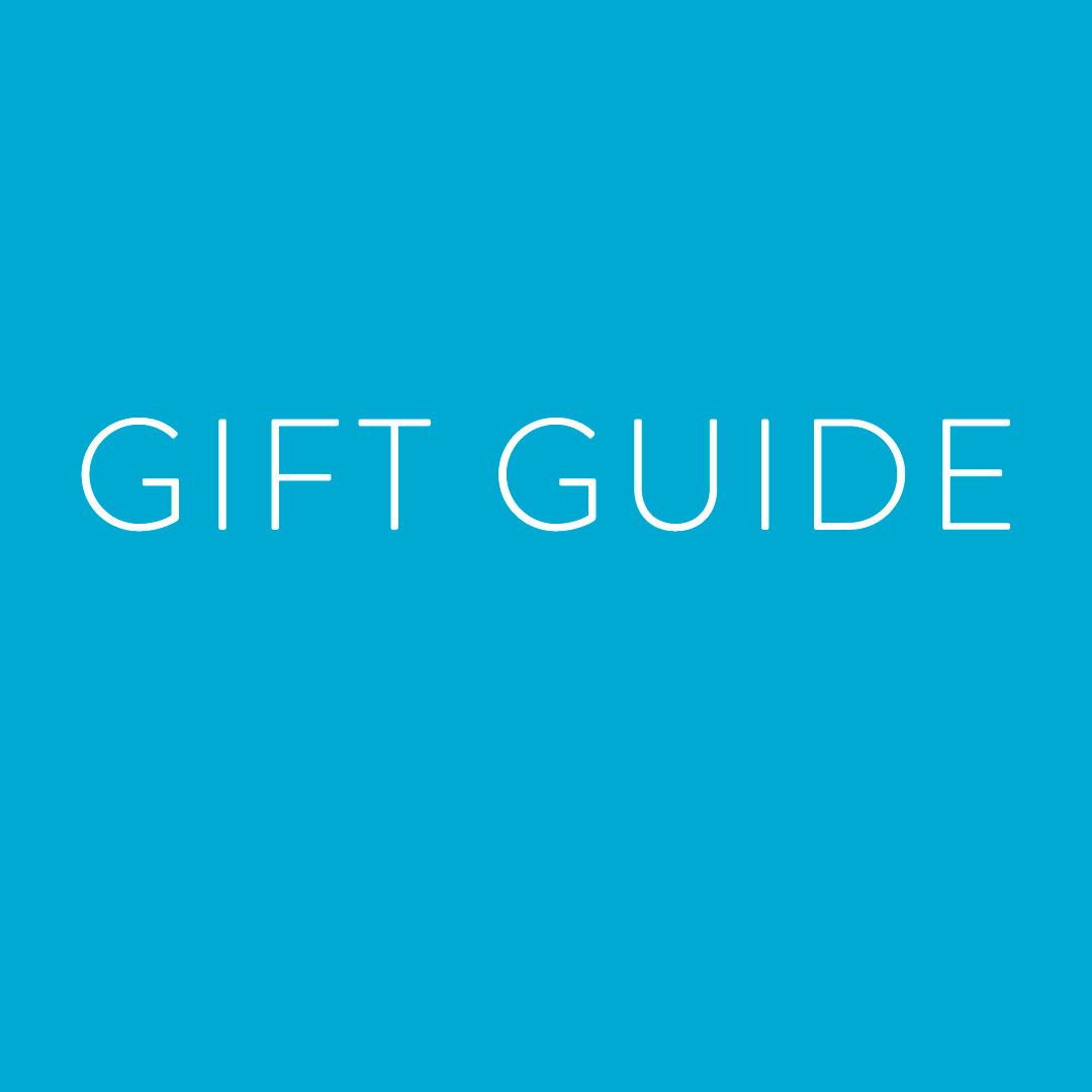 White text reading GIFT GUIDE is centered on a solid bright blue background.