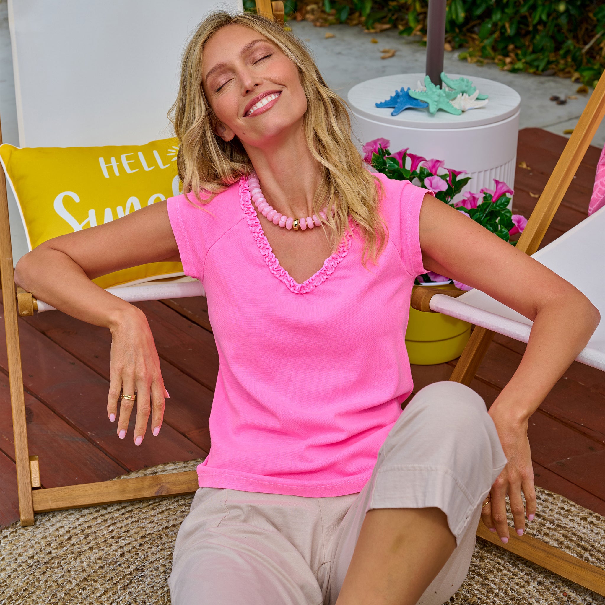 Baby Rib Ruffle V Neck T