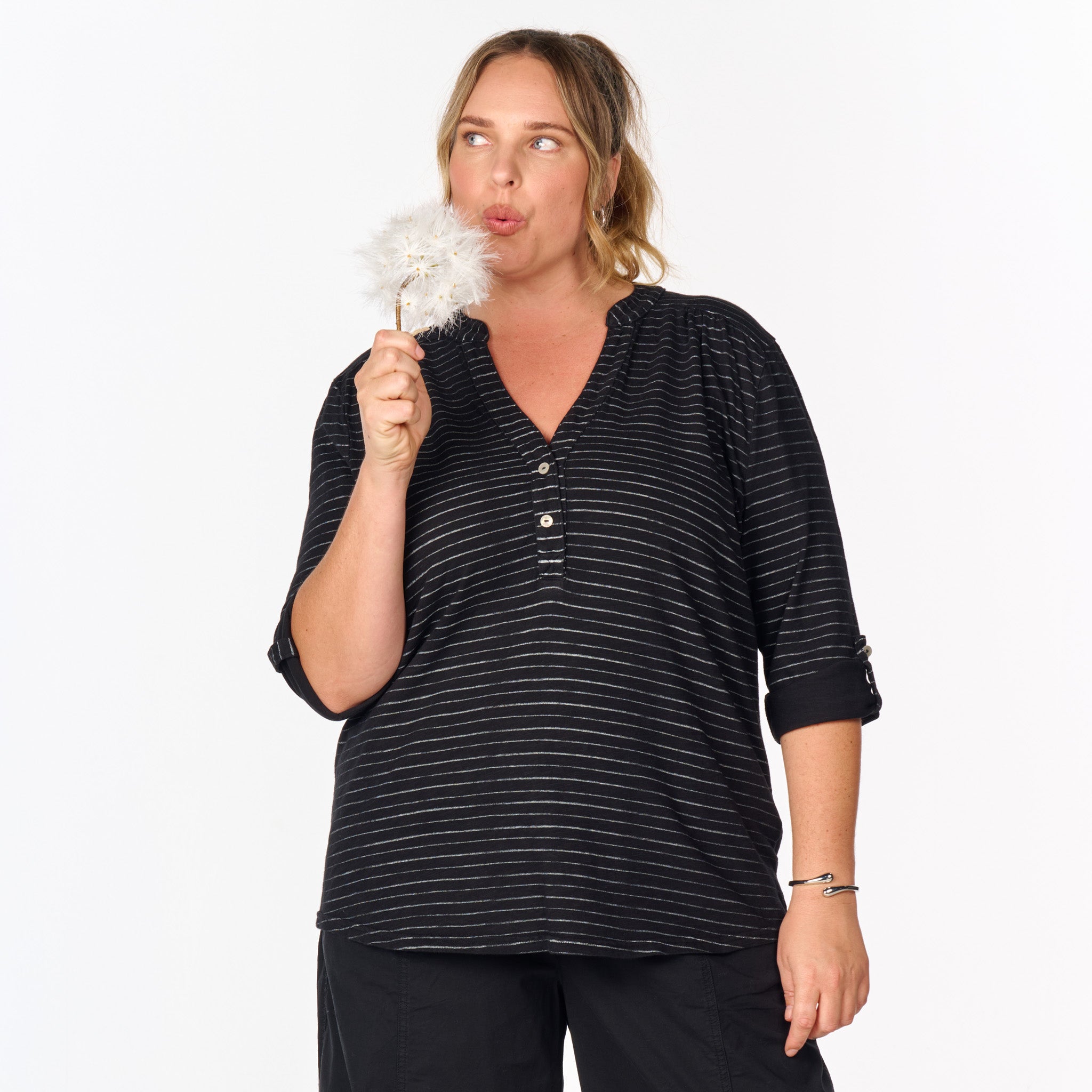 Ocean Stripe Buttonside Henley | Plus Size