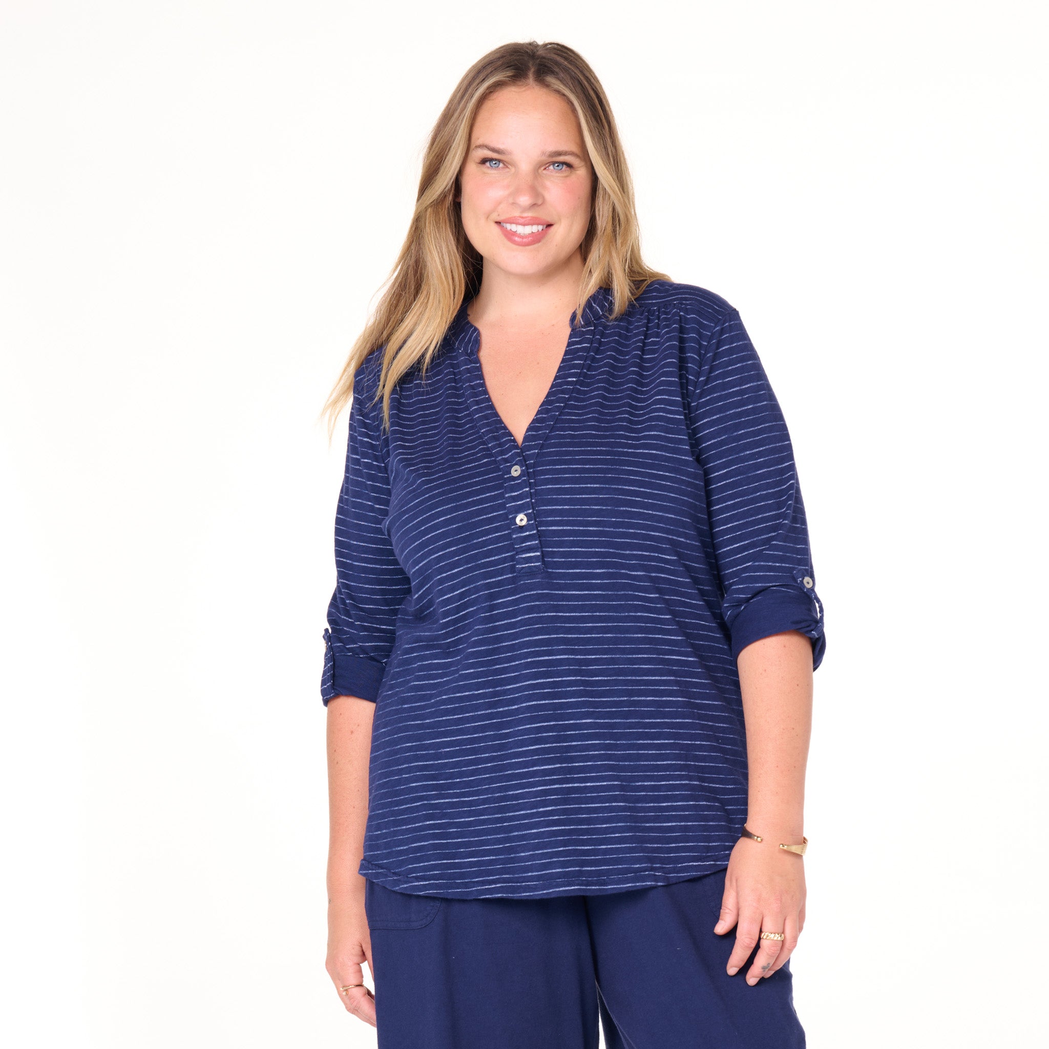 Ocean Stripe Buttonside Henley | Plus Size
