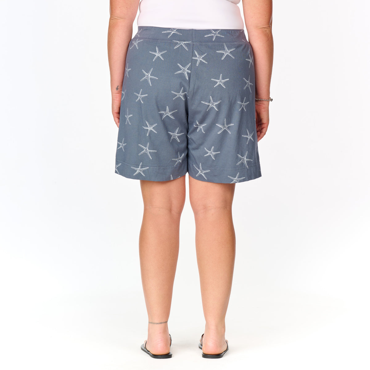A person is standing facing away from the camera against a white background, wearing Fresh Produce Clothes’ plus-size Sea Star 7″ Key Largo Shorts in blue with a white starfish pattern, paired with a white tank top and sandals.