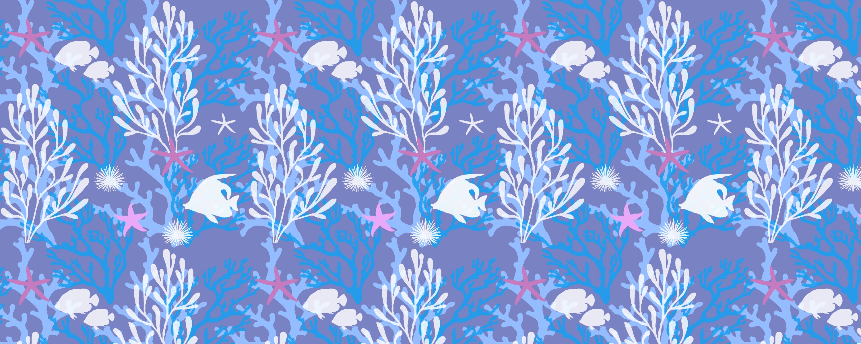 Seamless underwater pattern with white fish, seashells, starfish, and coral branches in shades of blue, purple, and pink on a blue background. The design repeats, creating an ocean-themed motif.