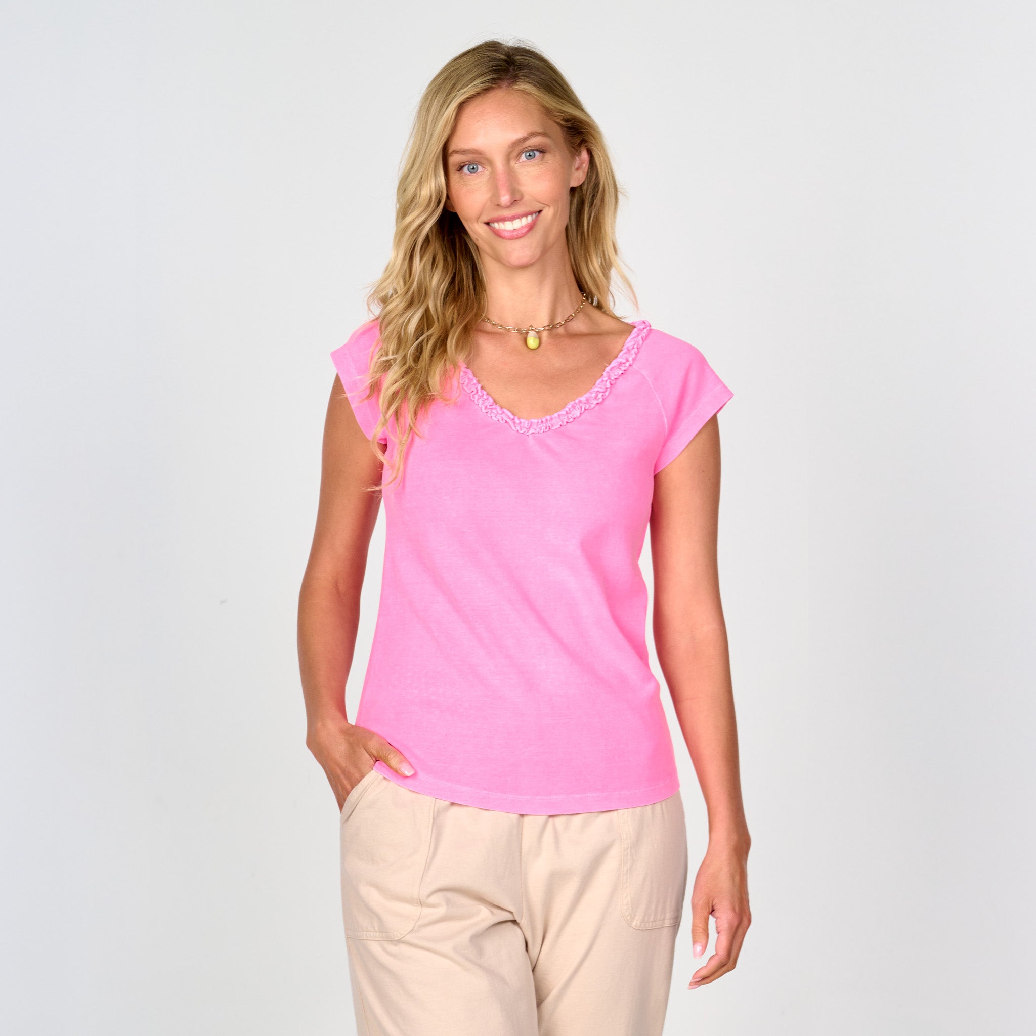 Baby Rib Ruffle V Neck T