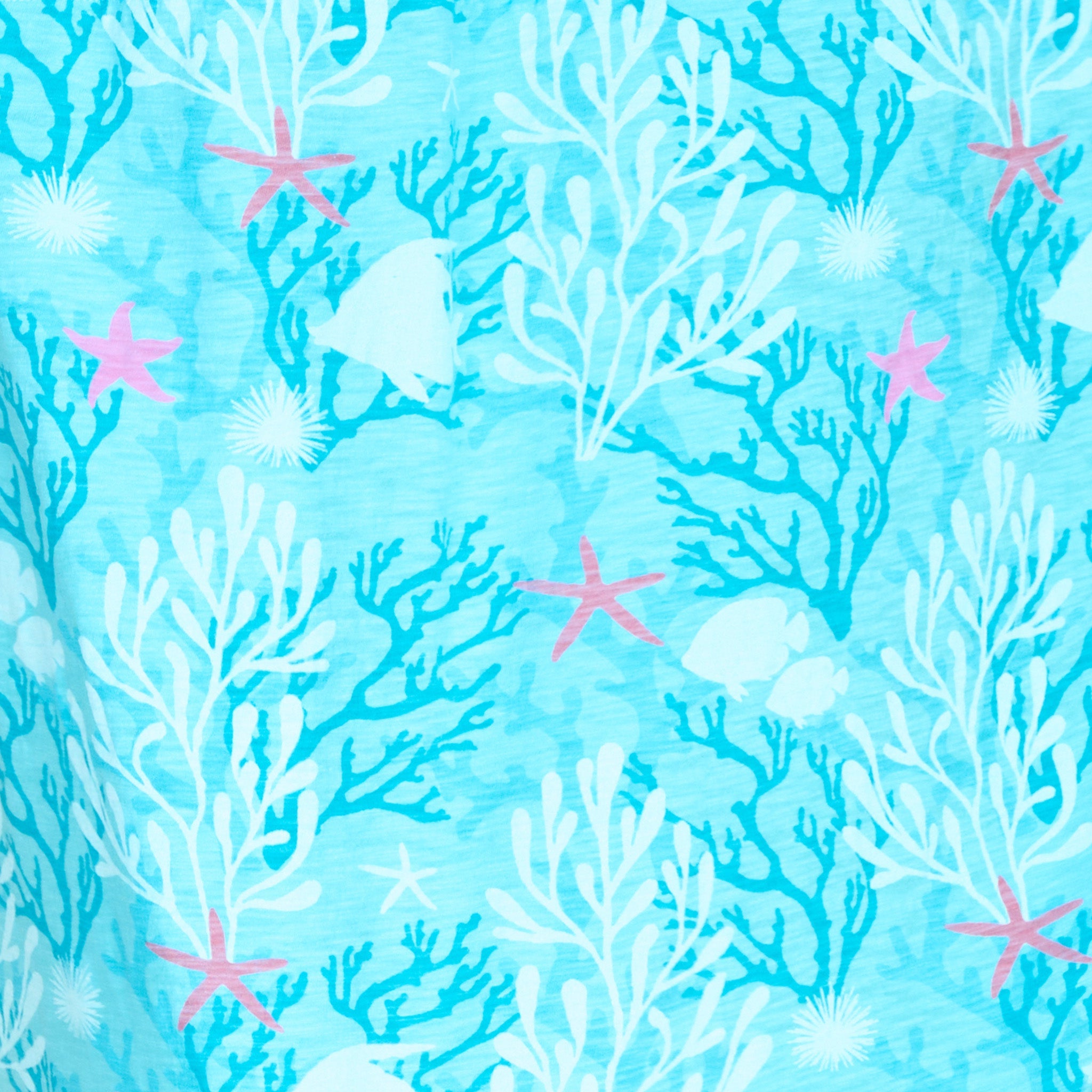 The Coral Reef Amelia Dress by Fresh Produce Clothes features light blue fabric adorned with white and turquoise coral, pink starfish, and white seashells for a captivating underwater ocean vibe. Designed with elegant tulip sleeves and a flattering empire waist silhouette, this dress effortlessly infuses any occasion with coastal charm.