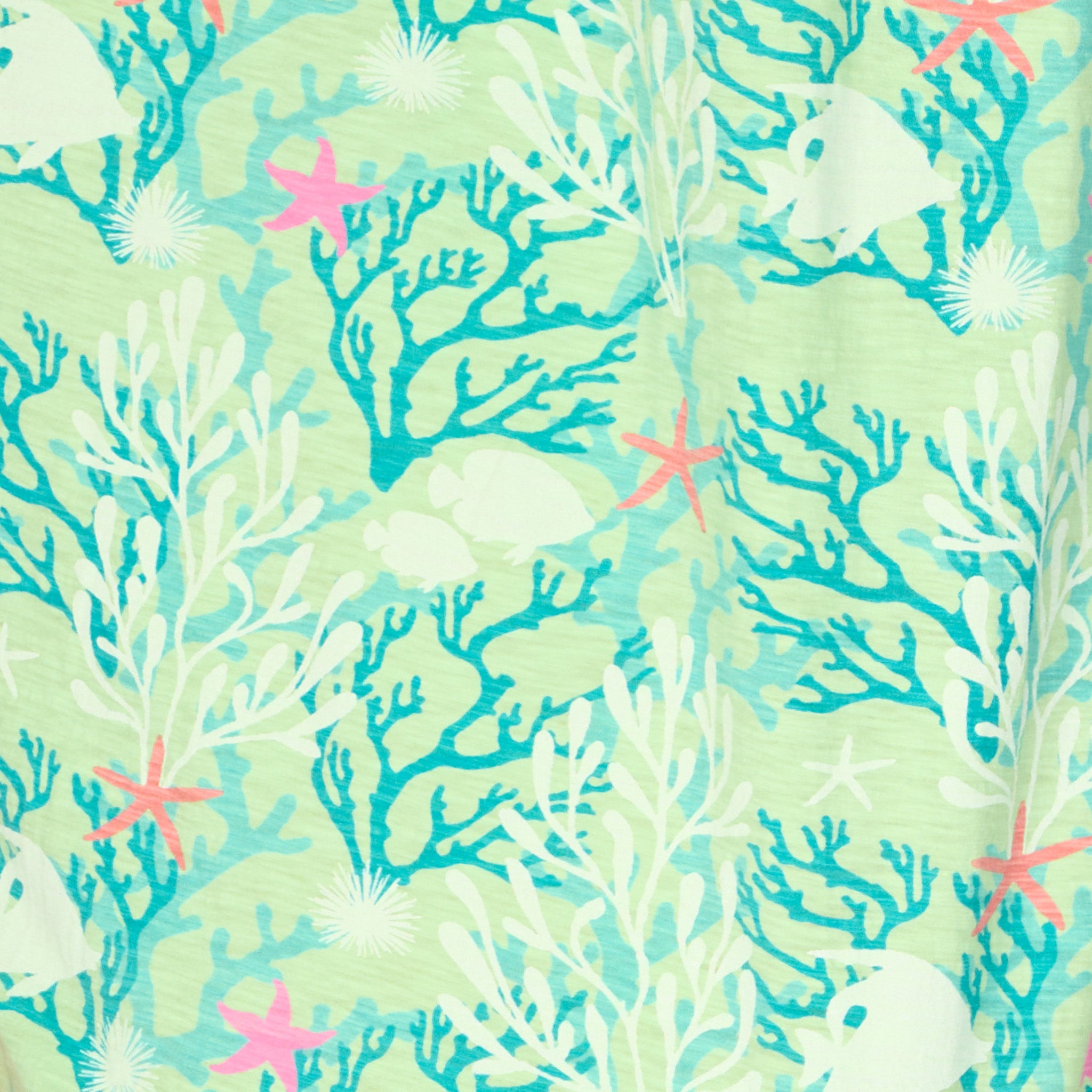 Pattern featuring light blue coral, white seaweed, pink starfish, and white fish on a light green background, inspired by the dreamy Coral Reef Amelia Dress from Fresh Produce Clothes with its elegant empire waist silhouette and graceful tulip sleeves.