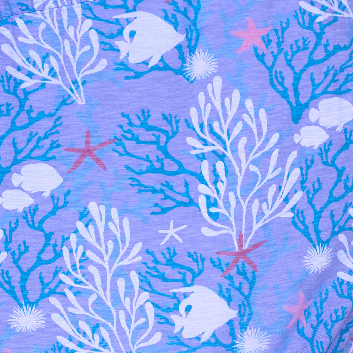 Featuring a whimsical underwater ocean scene inspired by the Coral Reef Amelia Dress from Fresh Produce Clothes, this pattern showcases white fish, coral, seaweed, pink starfish, and sea urchins set against blue and purple hues.