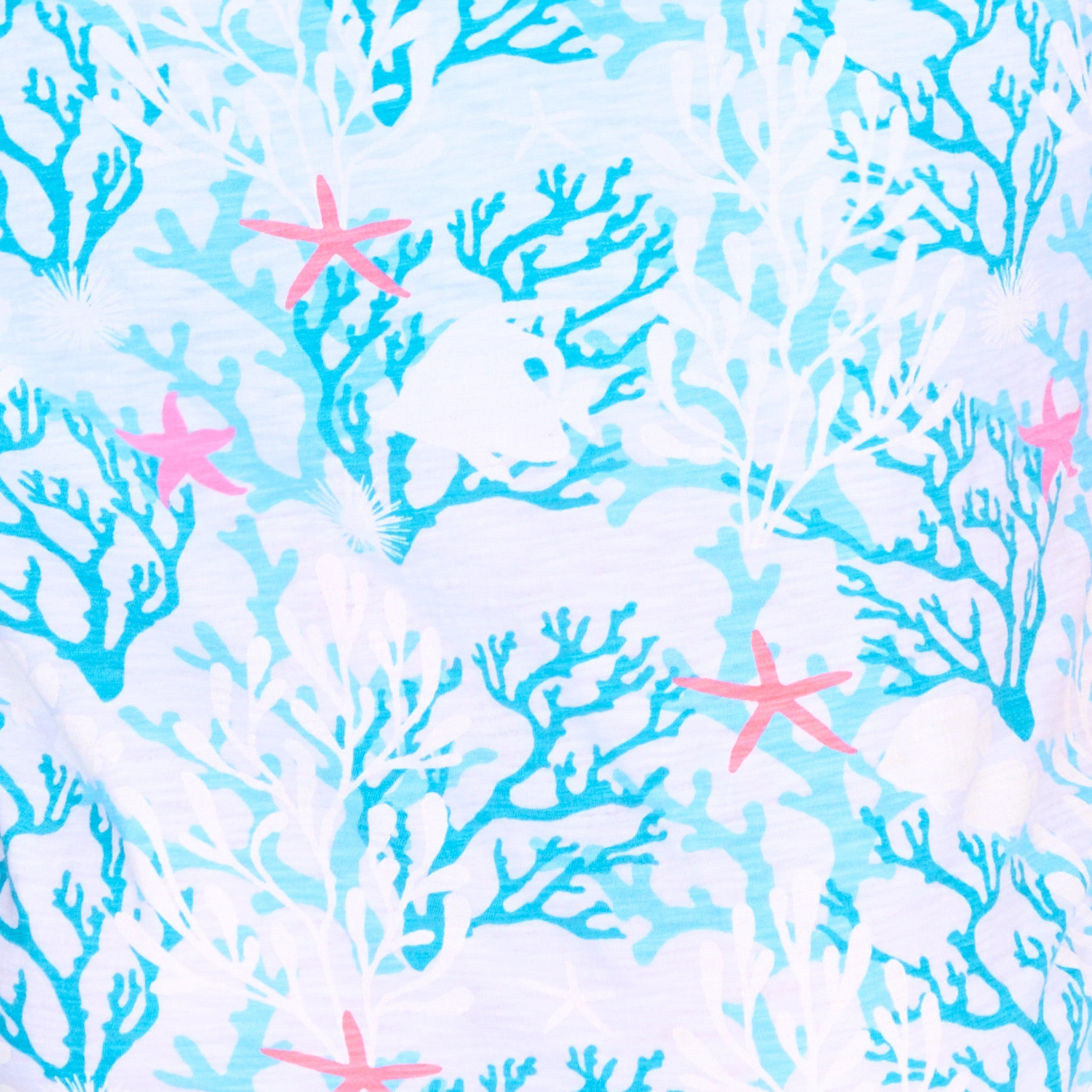 Adorned with a blue and white coral design accented by pink starfish on a light background, this ocean-inspired print is the perfect choice for the Coral Reef Crossback Tank from Fresh Produce Clothes.