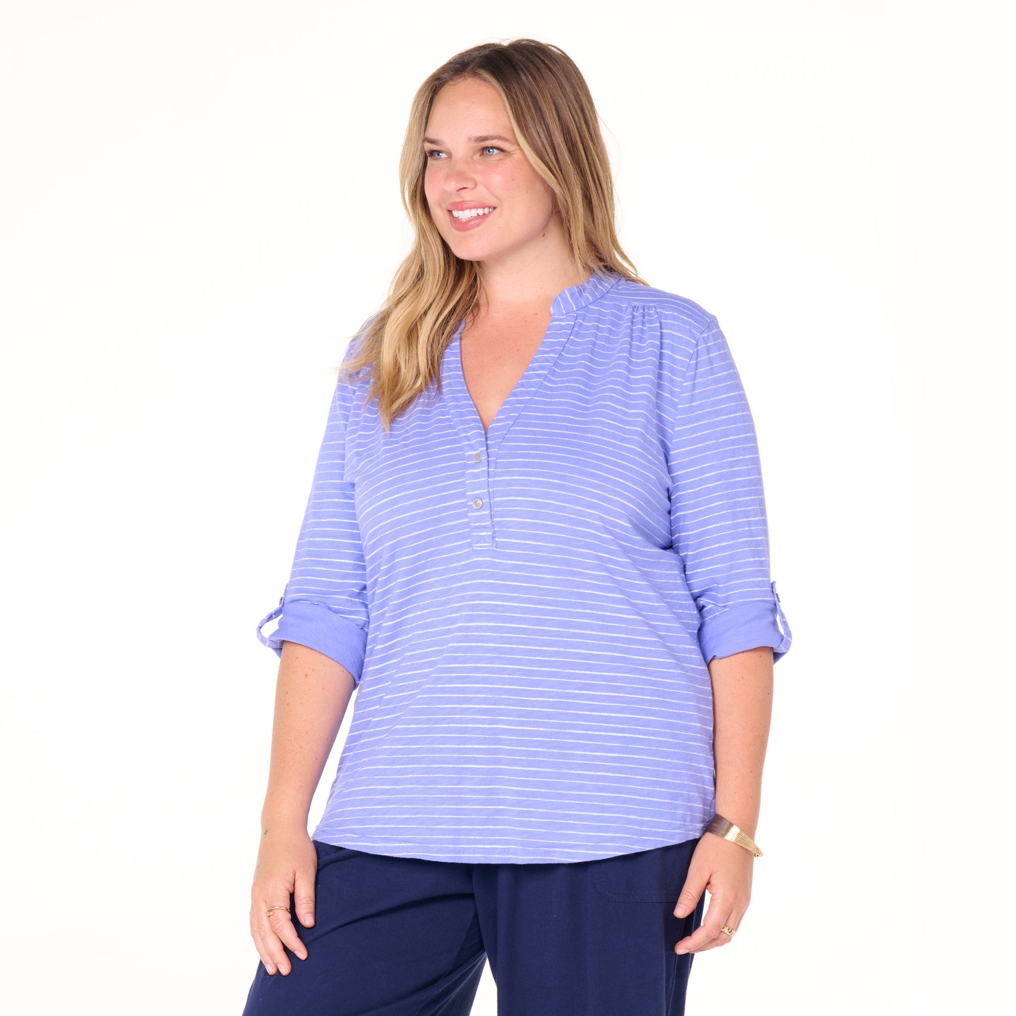 Ocean Stripe Buttonside Henley | Plus Size
