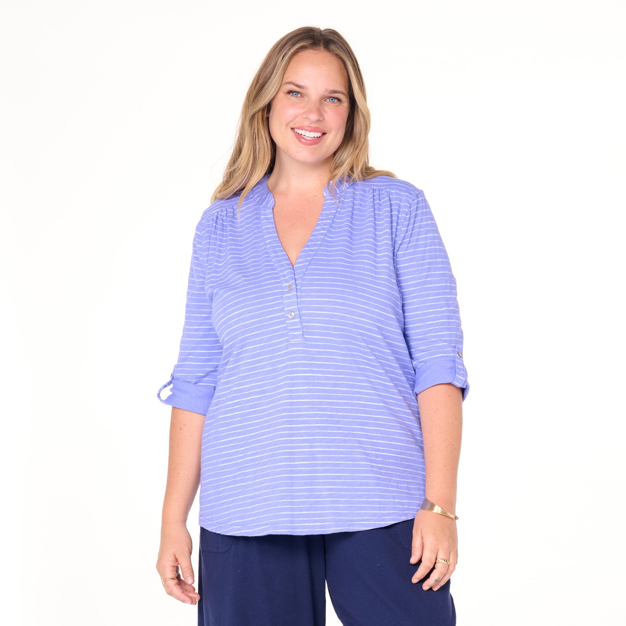 Ocean Stripe Buttonside Henley | Plus Size