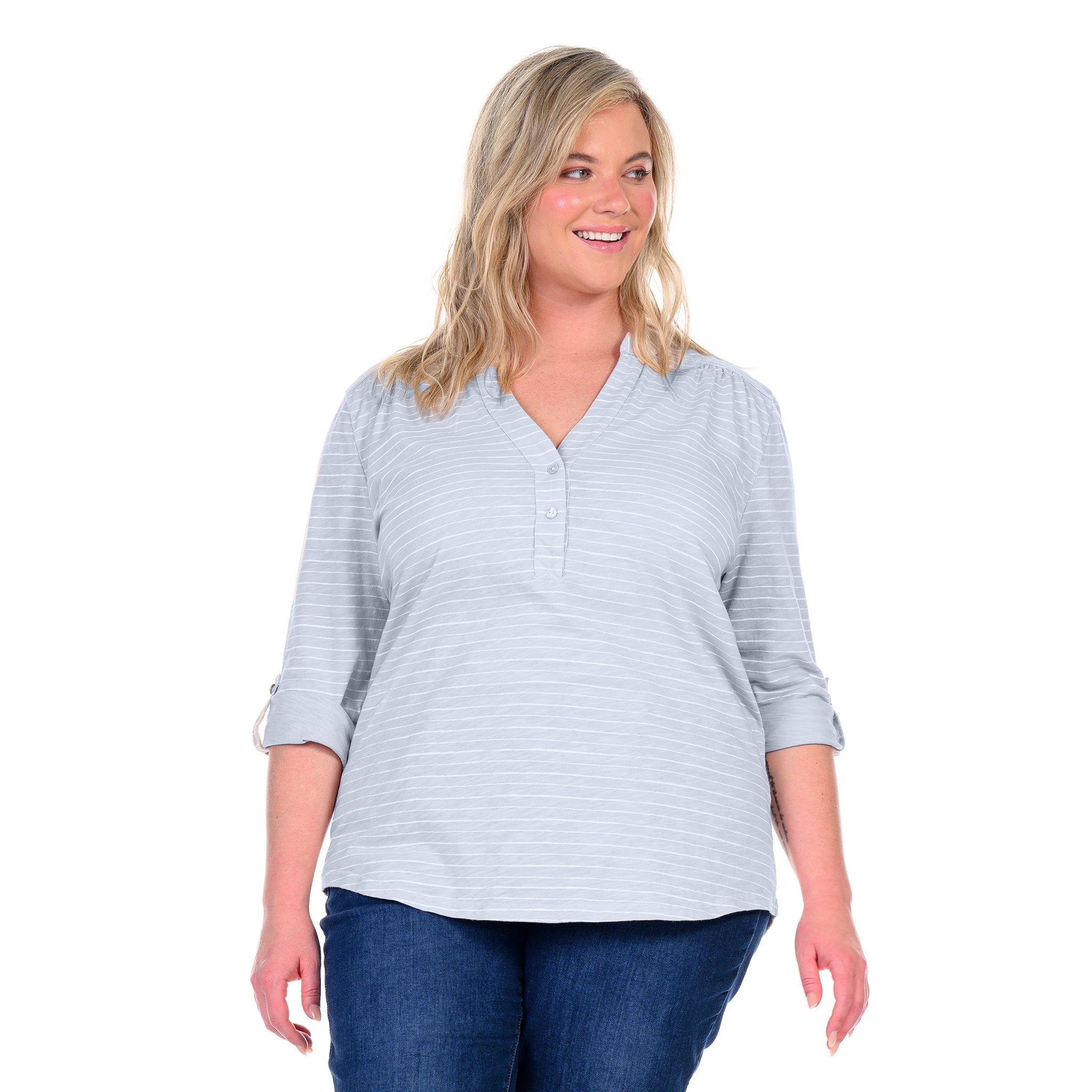 Ocean Stripe Buttonside Henley | Plus Size - 2025 Fall Colors