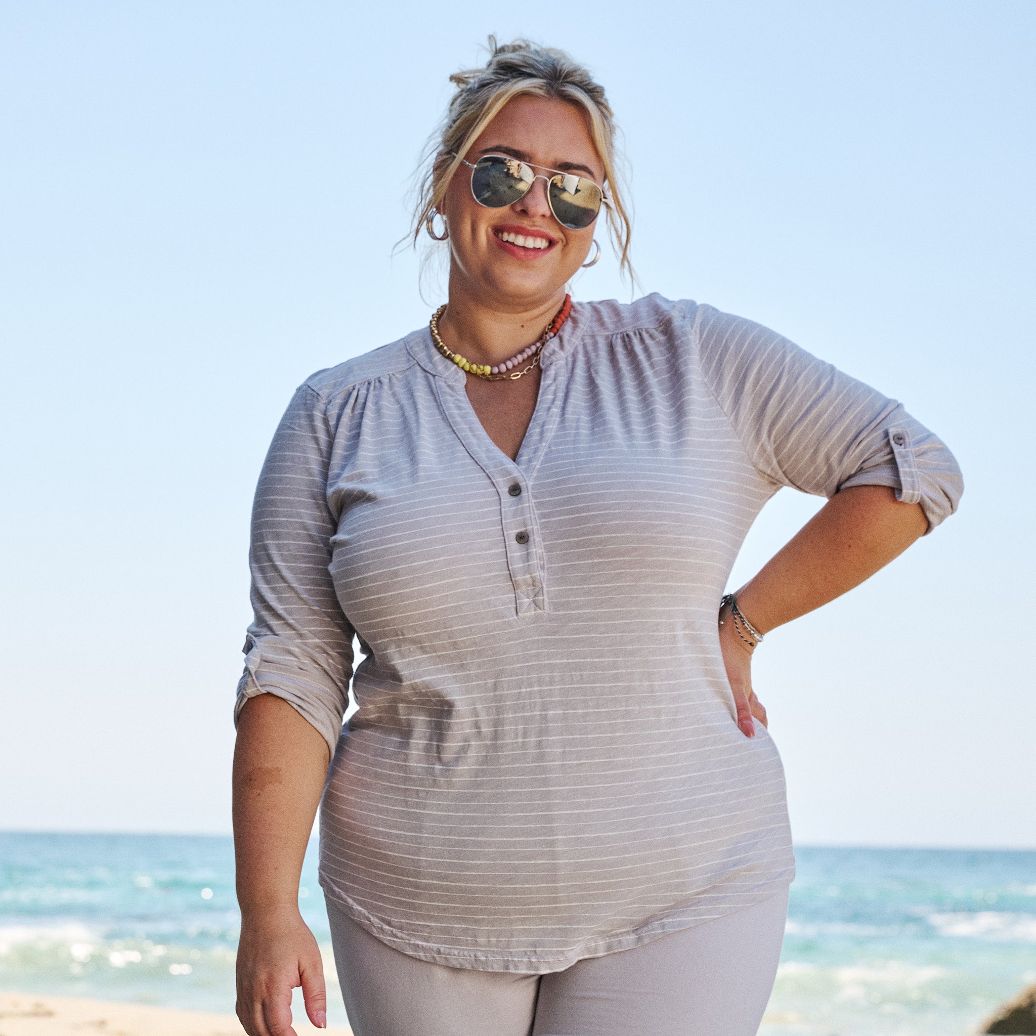 Ocean Stripe Buttonside Henley | Plus Size - 2025 Fall Colors