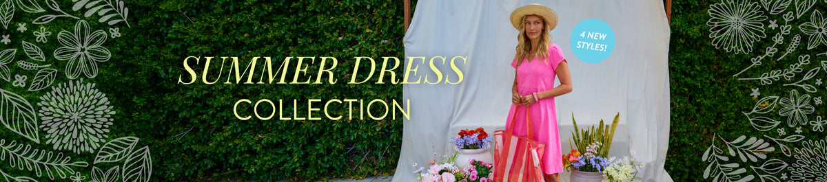 A woman in a pink summer dress and straw hat stands by flowers with SUMMER DRESS COLLECTION text and a 4 NEW STYLES! label. Green leafy designs frame the scene.