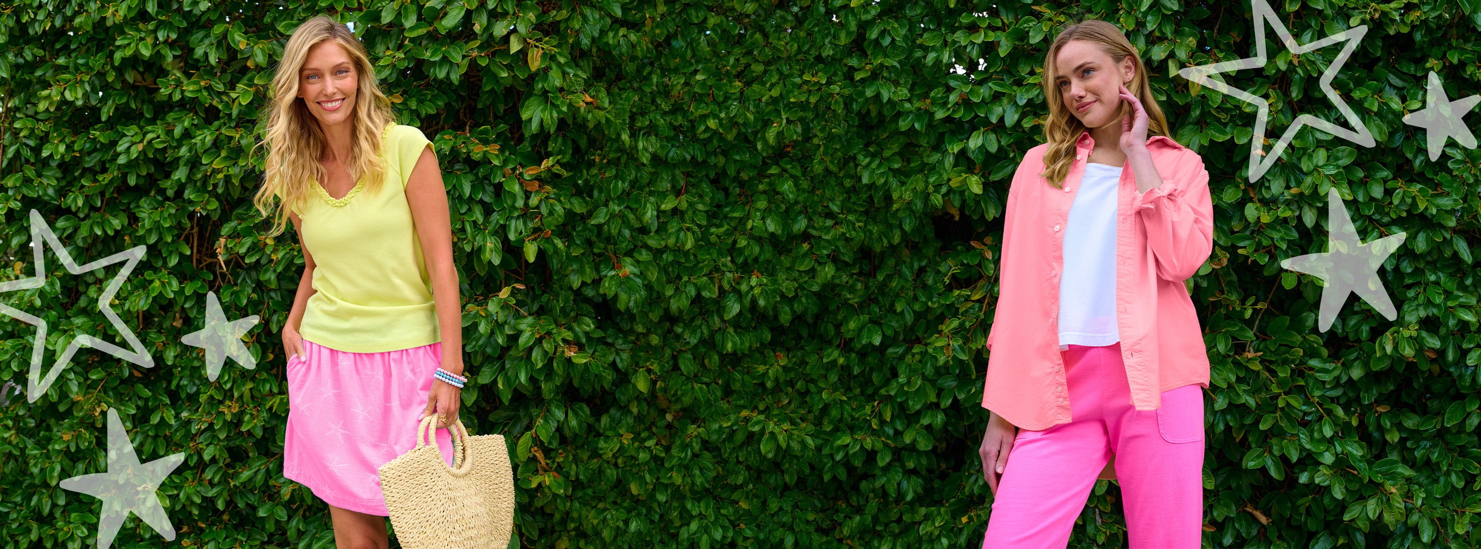 Two women stand in front of a leafy green hedge. One wears a yellow top and pink skirt, holding a straw bag. The other wears a white shirt with a pink jacket and pants. White star doodles are drawn around them.