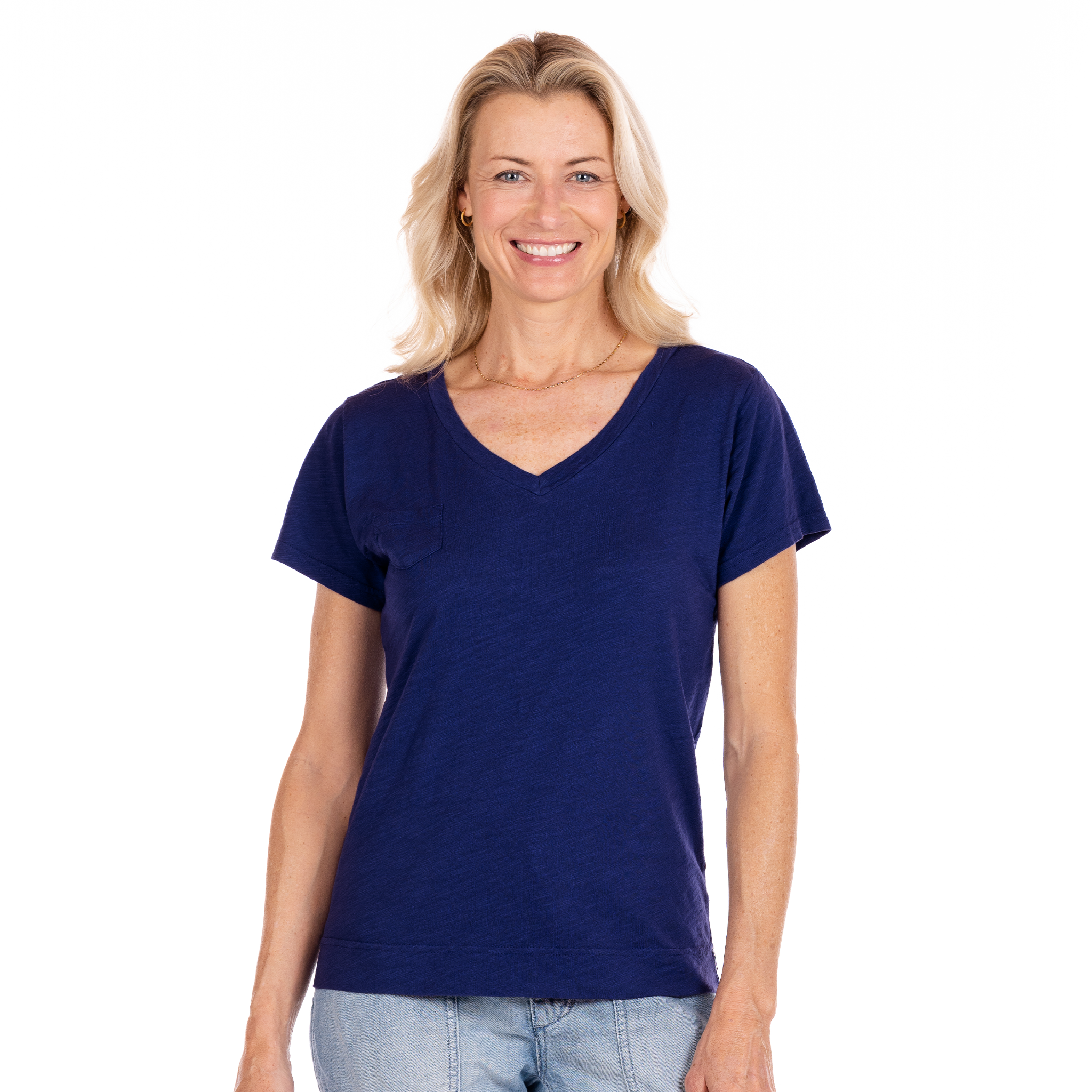 Navy Moonlight Heritage Logo Fem Cotton V-neck T-shirt