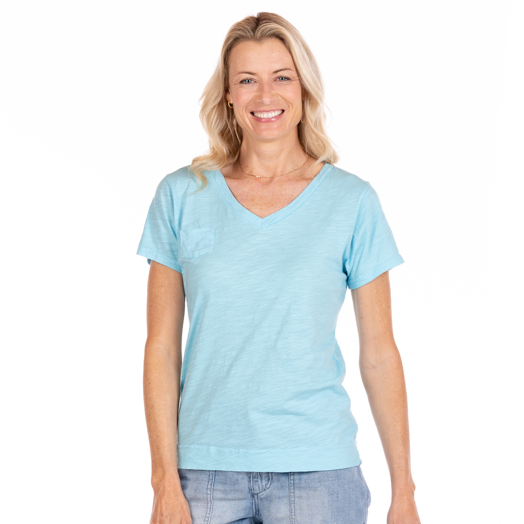Swimming Pool Blue Heritage Logo Fem Cotton V-neck T-shirt